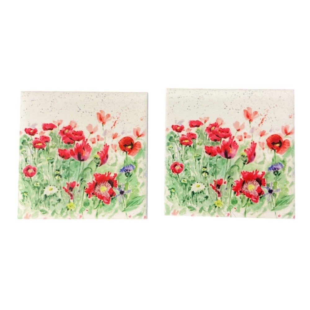 Country Creation Handmade Ceramic Coasters Set of 2 Red Poppy Watercolor Floral